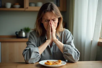 Femme tenant sa main contre sa bouche en signe de douleur après avoir mangé, illustrant une brûlure récurrente au palais