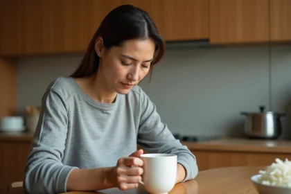 Femme tenant une tasse d'eau de riz dans une cuisine, remède naturel contre la diarrhée