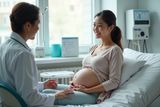 Femme enceinte en consultation prénatale dans un cabinet moderne