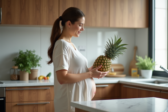 Femme enceinte dans la cuisine tient un ananas