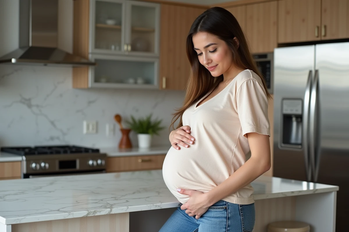 Jeune femme enceinte dans une cuisine moderne en train de se poser
