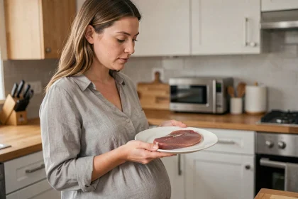 Femme enceinte tenant un magret de canard cru dans une cuisine moderne, s'interrogeant sur les risques alimentaires pendant la grossesse
