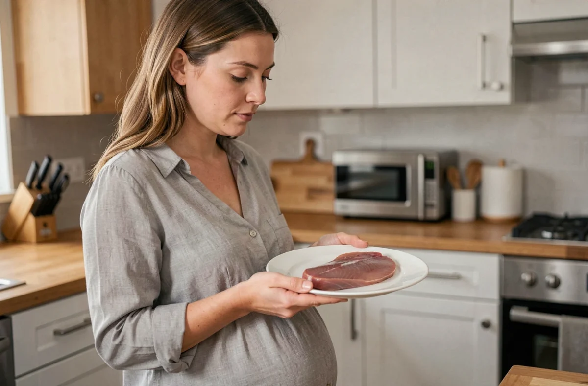 Femme enceinte tenant un magret de canard cru dans une cuisine moderne, s'interrogeant sur les risques alimentaires pendant la grossesse