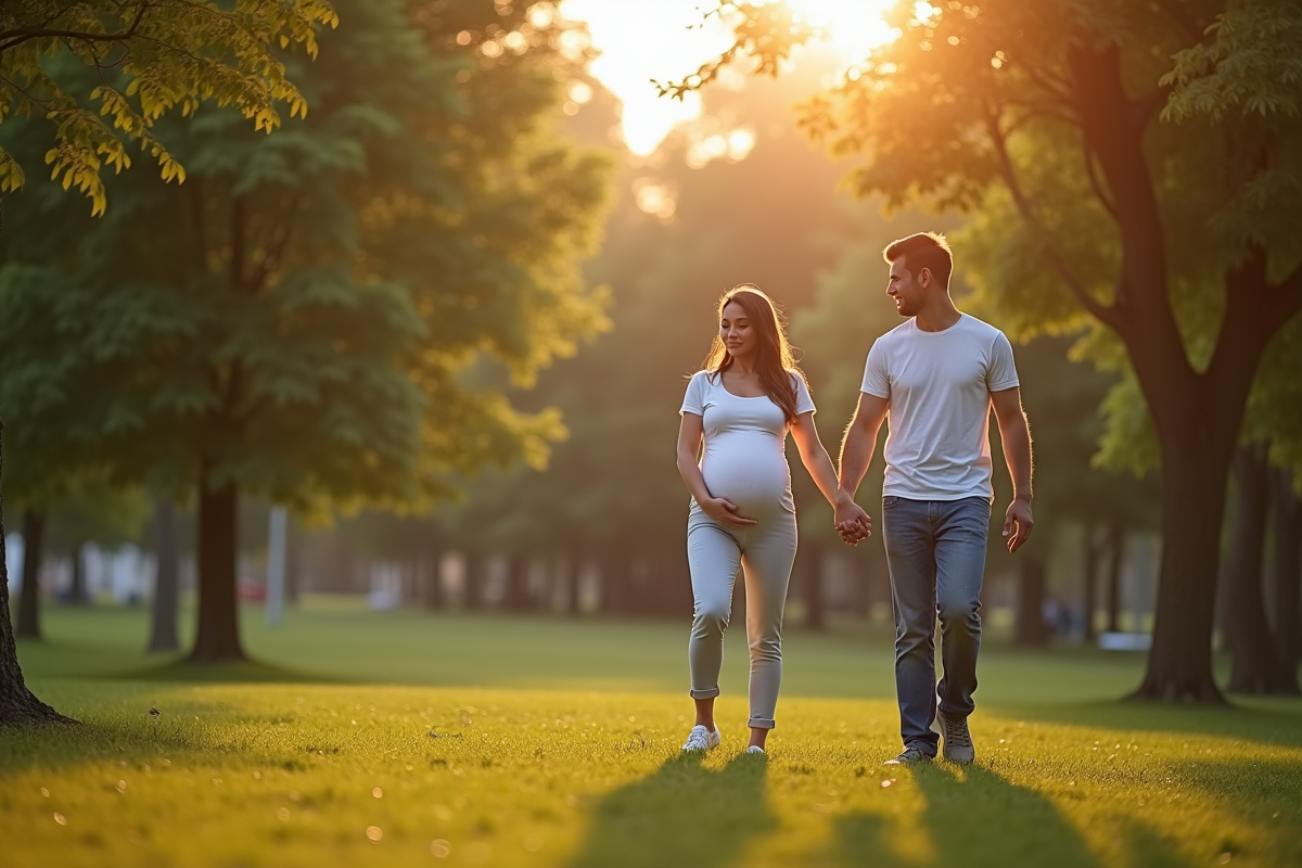 Femme enceinte marchant dans un parc avec son partenaire