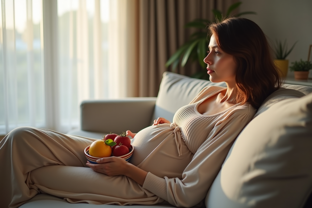 Femme enceinte reposant avec un bol de fruits frais