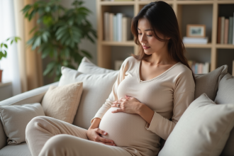 Femme enceinte dans un salon paisible et cosy