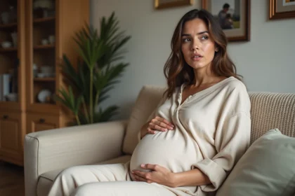 Femme enceinte assise sur un canap&eacute; dans un salon chaleureux