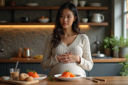Femme enceinte contemplant un sashimi dans la cuisine