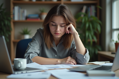 Femme fatiguée assise à son bureau à la maison