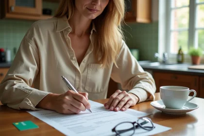 Femme remplissant un formulaire de mise à jour de Carte Vitale à une table de cuisine en bois avec la carte verte posée à côté