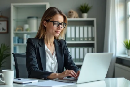 Femme en blazer regardant des graphiques de performance v&eacute;t&eacute;rinaire