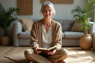 Femme méditative assise avec un journal dans un intérieur minimaliste