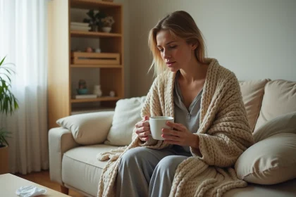 Femme enveloppée dans une couverture sur un canapé tenant une tasse de thé chaud pendant une période d'isolement liée à la grippe