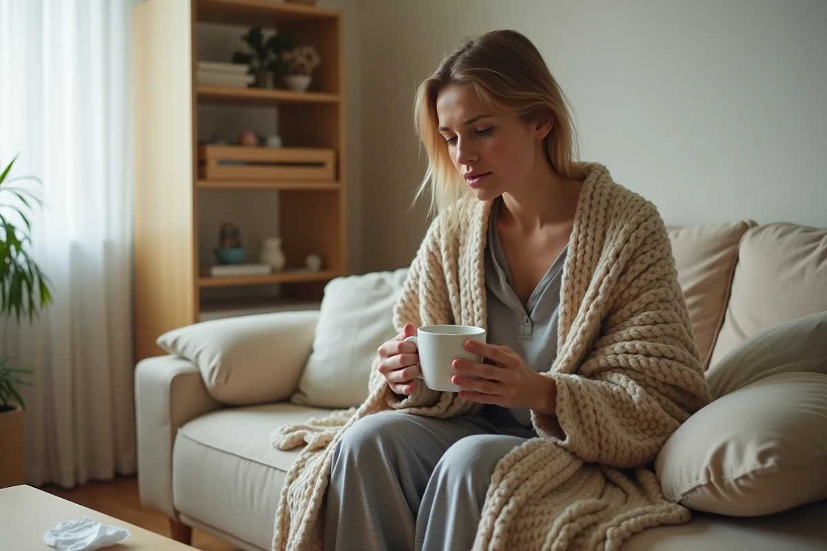 Femme enveloppée dans une couverture sur un canapé tenant une tasse de thé chaud pendant une période d'isolement liée à la grippe