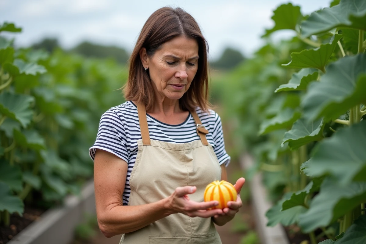 Femme dans un potager tenant une coloquinte pour en vérifier la comestibilité avec une expression dubitative