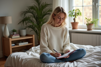 Femme en train de journal dans une chambre chaleureuse