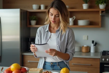 Femme v&eacute;rifiant l'&eacute;tiquette nutrition dans une cuisine moderne
