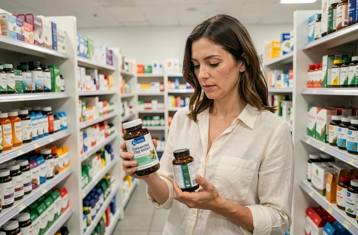 Femme lisant l'étiquette d'un flacon de Phytargile concentré dans un rayon de pharmacie