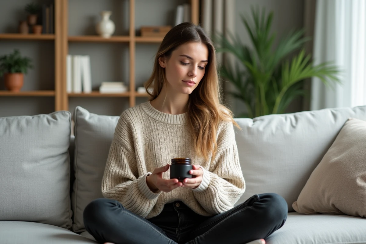 Femme dans la trentaine lisant l'étiquette d'un produit anti-acné hormonale assise sur un canapé minimaliste scandinave