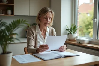 Femme d'âge moyen lisant des documents santé dans une cuisine chaleureuse