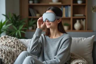 Femme en détente portant un masque migraine dans un salon cosy