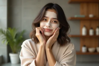 Femme appliquant un masque visage à la persimmon dans une salle de bain moderne