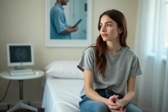 Femme réfléchissant dans un cabinet médical rassurant