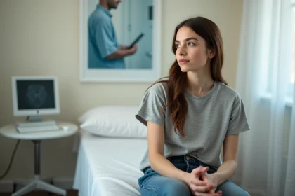 Femme r&eacute;fl&eacute;chissant dans un cabinet m&eacute;dical rassurant