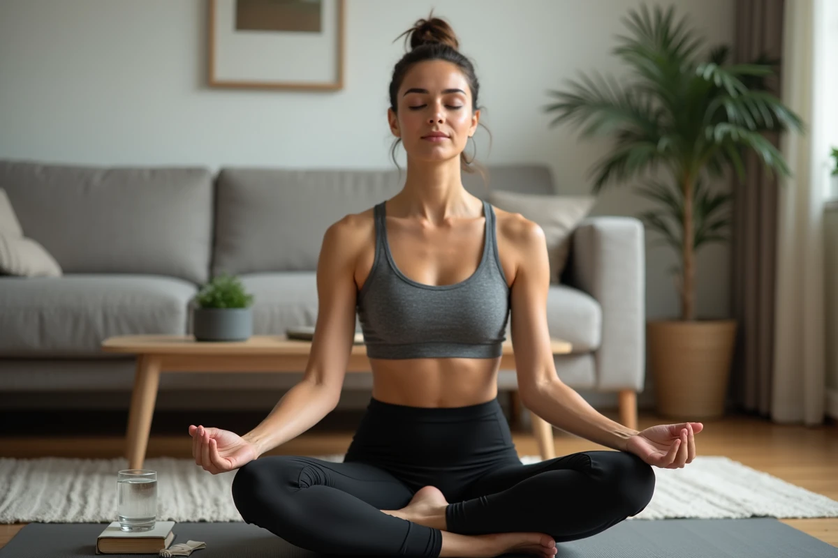 Femme pratiquant la méditation sur un tapis de yoga chez elle pour gérer le stress et lutter contre la prise de poids émotionnelle