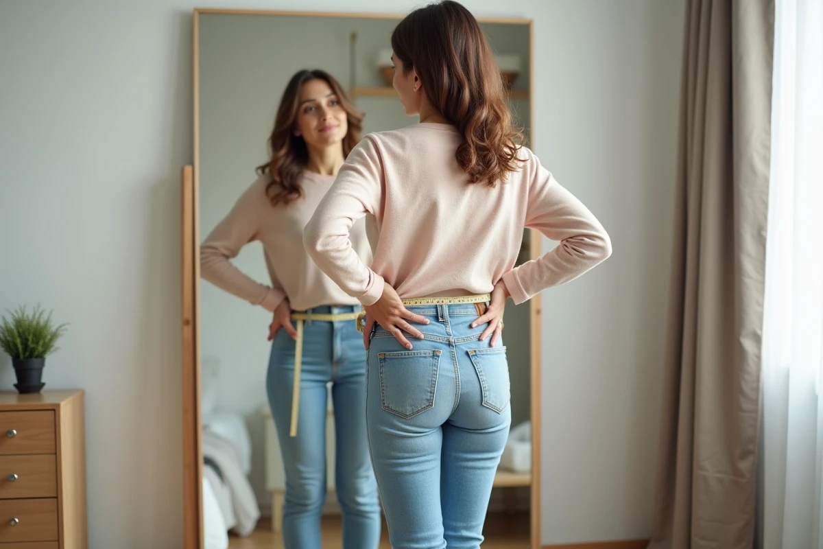 Femme en jeans et pull pastel se regardant dans le miroir