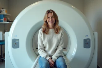 Femme d'âge moyen assise près d'un MRI ouvert dans une salle médicale