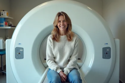 Femme d'&acirc;ge moyen assise pr&egrave;s d'un MRI ouvert dans une salle m&eacute;dicale