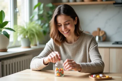 Femme souriante organisant des vitamines dans la cuisine moderne