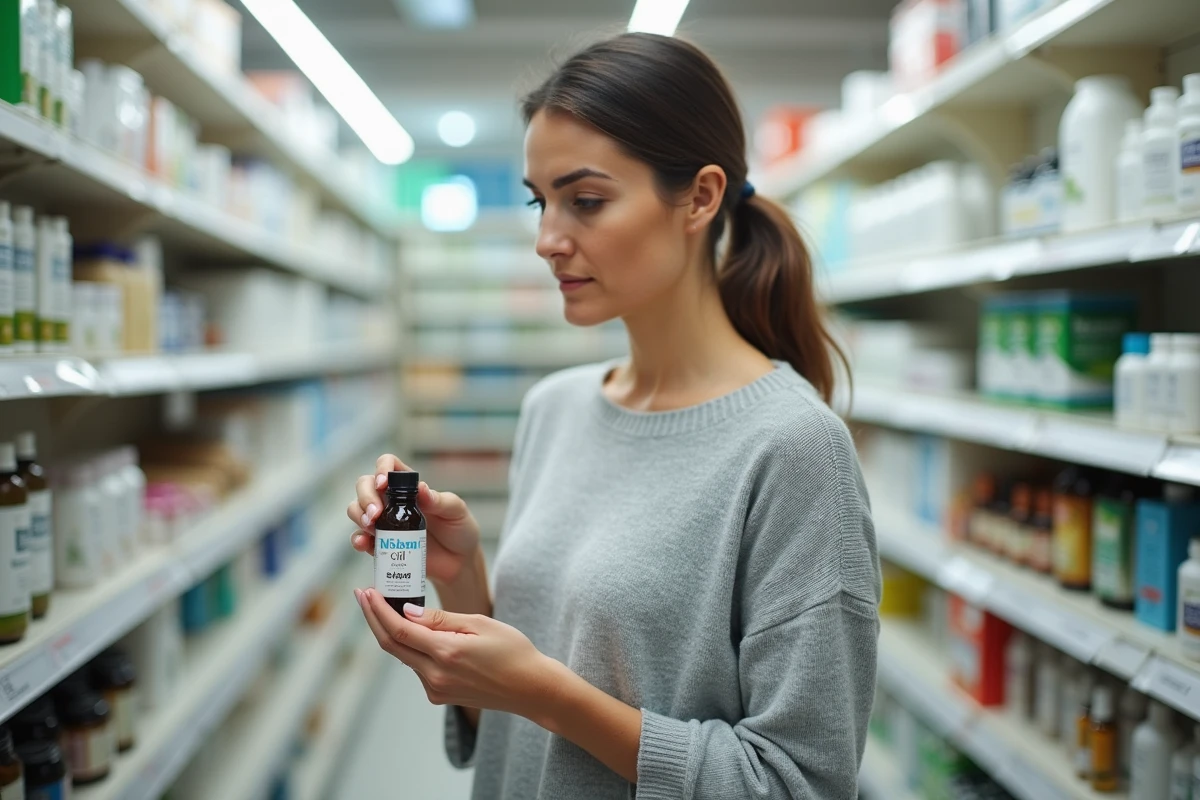 Femme lisant l'étiquette d'une bouteille d'huile de ricin en pharmacie, illustrant les questions sur les remèdes naturels pour maigrir