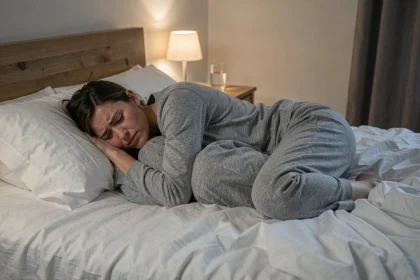 Femme couchée en position fœtale la nuit en raison de douleurs lombaires liées à la constipation