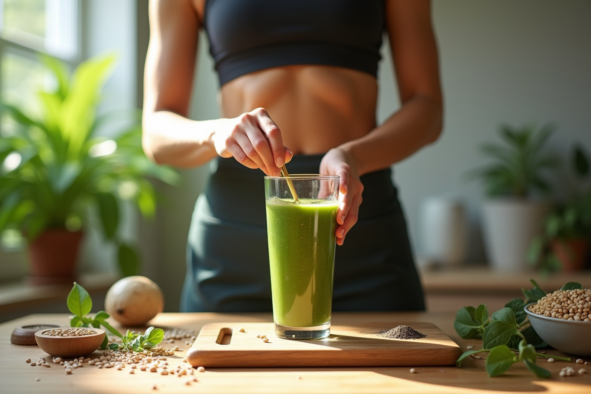 Femme en tenue sportive préparant un smoothie vert avec graines