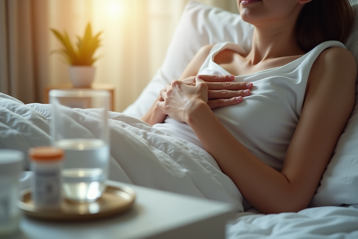 Femme allongée dans son lit pressant doucement sa poitrine