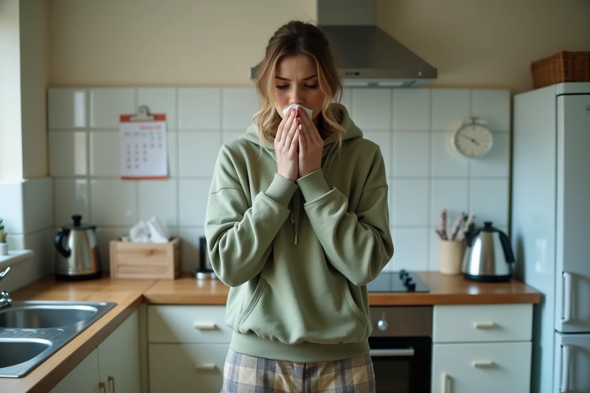 Jeune femme en pyjama se mouchant dans sa cuisine pendant une période d'isolement à domicile pour cause de grippe