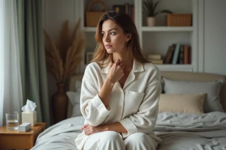 Femme en pyjama assise sur le lit penseuse