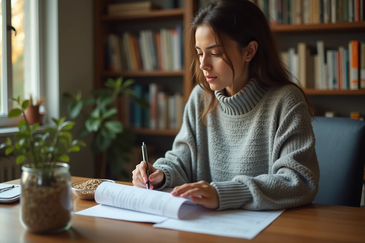 Jeune femme consultant un rapport toxicologique sur les graines de potimarron à son bureau à domicile
