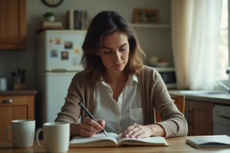 Femme en réflexion dans une cuisine chaleureuse