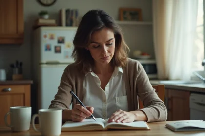 Femme en r&eacute;flexion dans une cuisine chaleureuse