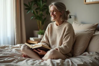 Femme assise sur le lit avec journal et sourire