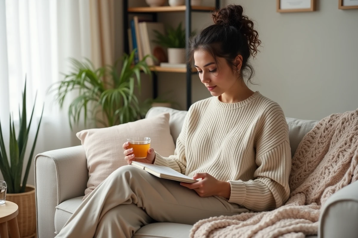 Femme lisant un carnet de remèdes naturels contre les irritations intimes avec une tasse de camomille dans un salon cosy