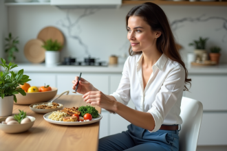 Femme en cuisine préparant un repas sain et coloré