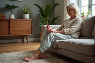 Femme assise confortablement sur un sofa avec un regard pensif
