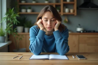 Femme en sweater bleu assise pensivement à la maison