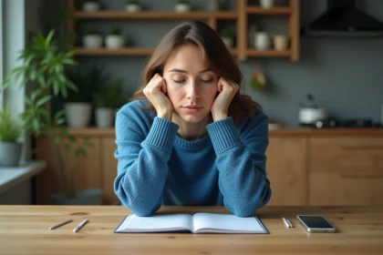Femme en sweater bleu assise pensivement à la maison