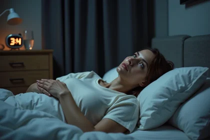 Femme allongée dans son lit les yeux ouverts la nuit, illustrant les réveils nocturnes fréquents et l'insomnie