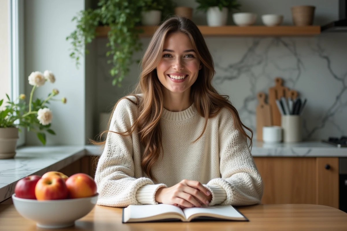 Femme en cuisine avec bol de fruits et journal